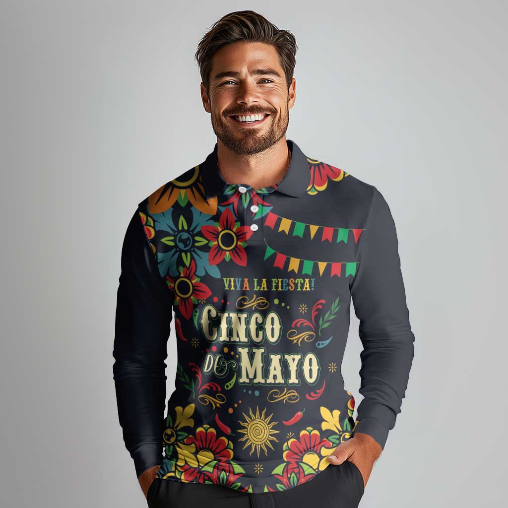 Personalized Cinco de Mayo Long Sleeve Polo Shirt Vibrant Flowers