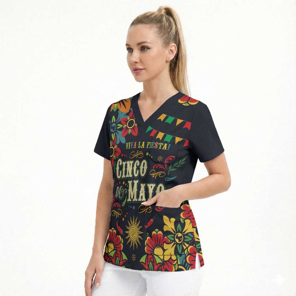 Personalized Cinco de Mayo Scrub Top Vibrant Flowers