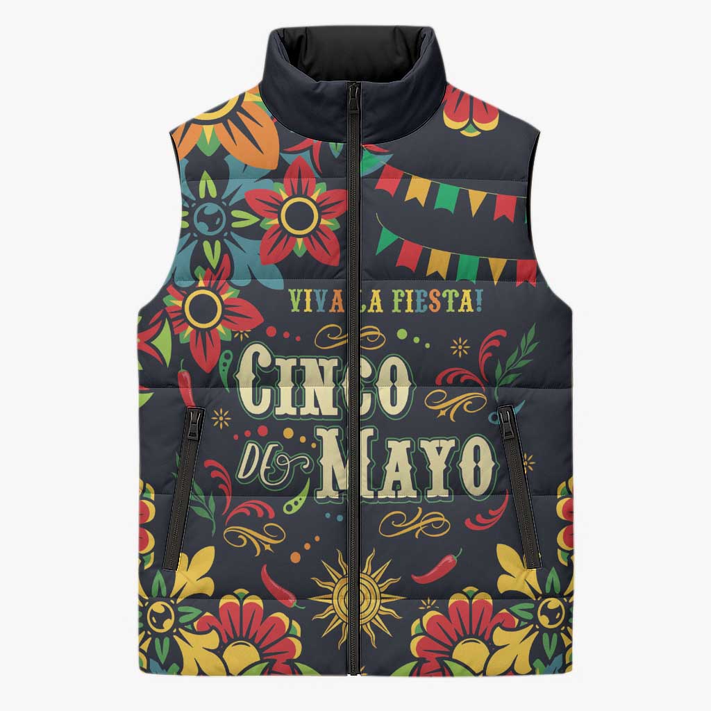 Personalized Cinco de Mayo Sleeveless Puffer Jacket Vibrant Flowers