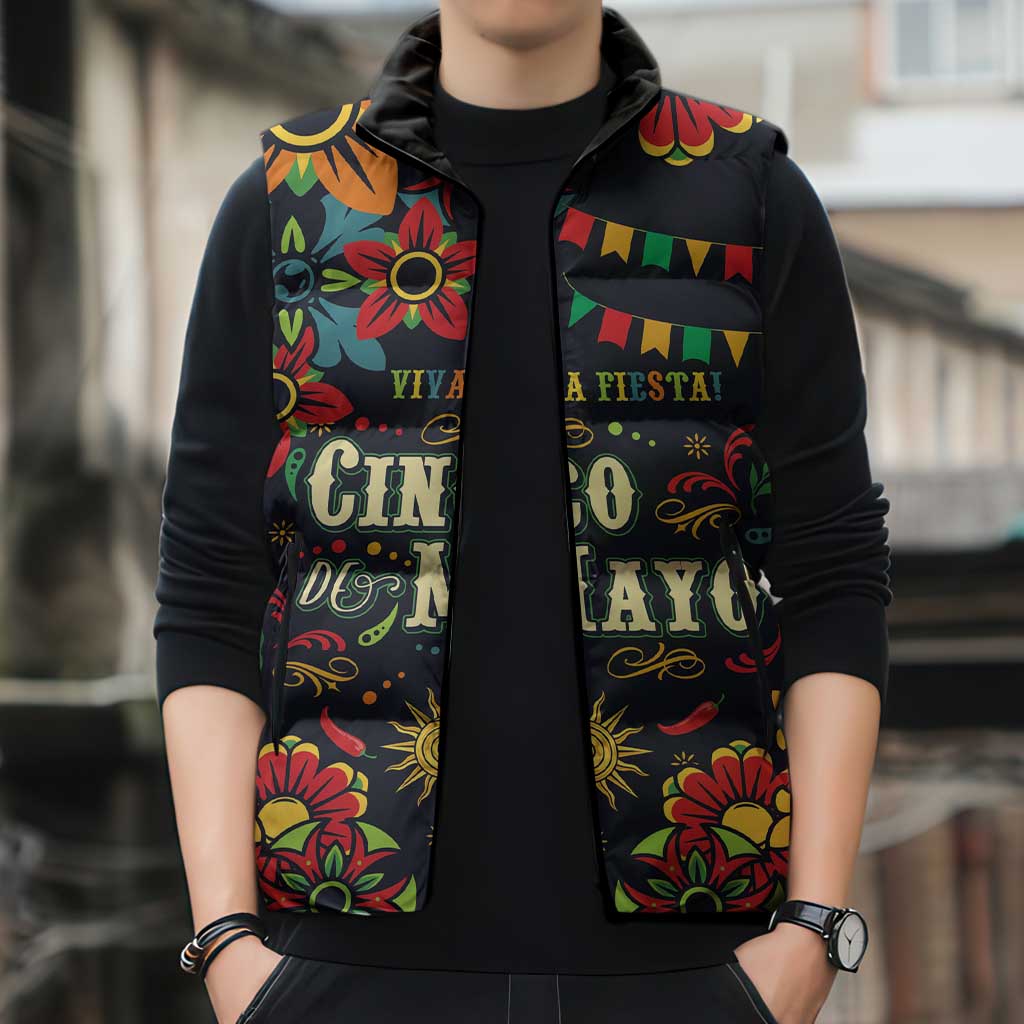 Personalized Cinco de Mayo Sleeveless Puffer Jacket Vibrant Flowers
