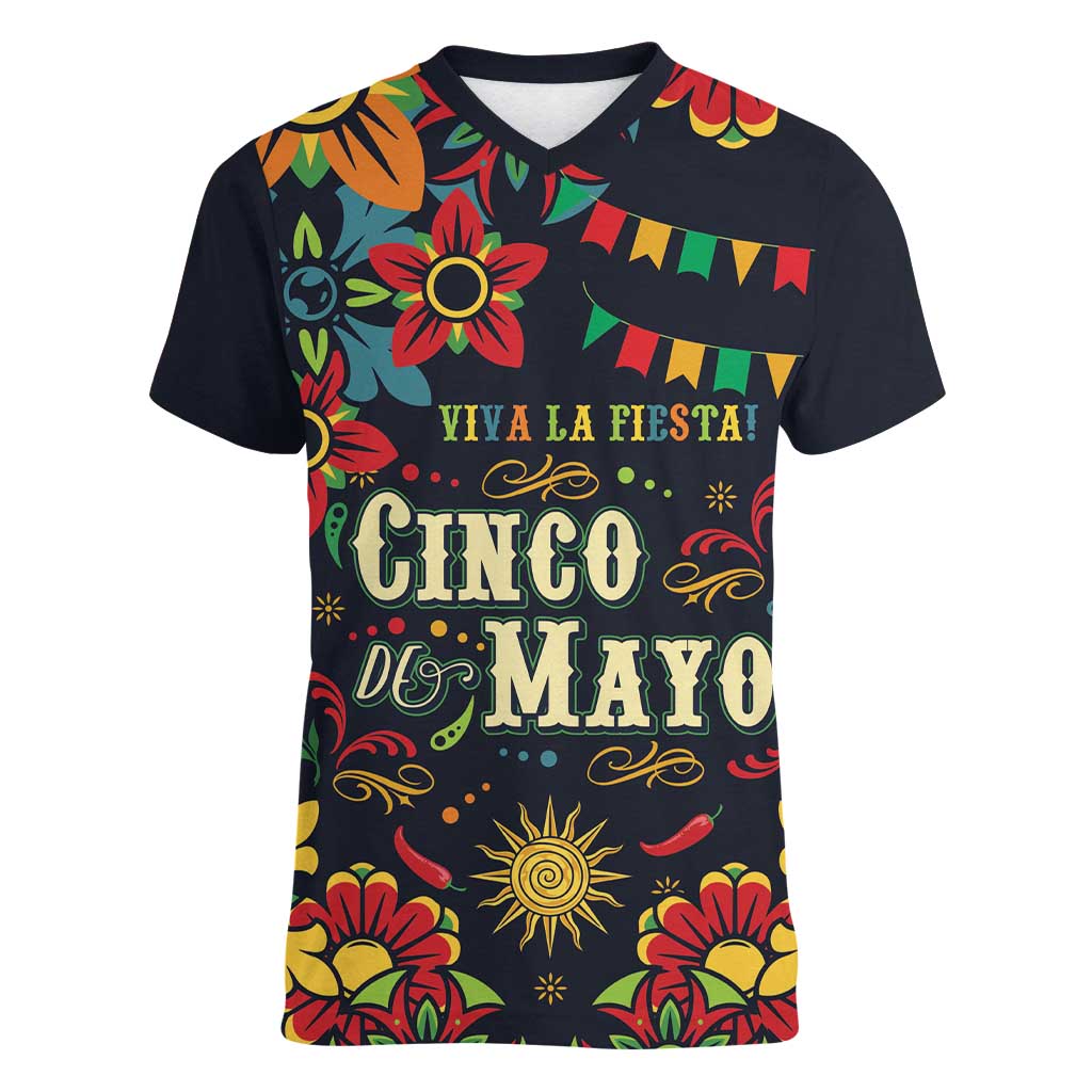 Personalized Cinco de Mayo Women V-Neck T-Shirt Vibrant Flowers