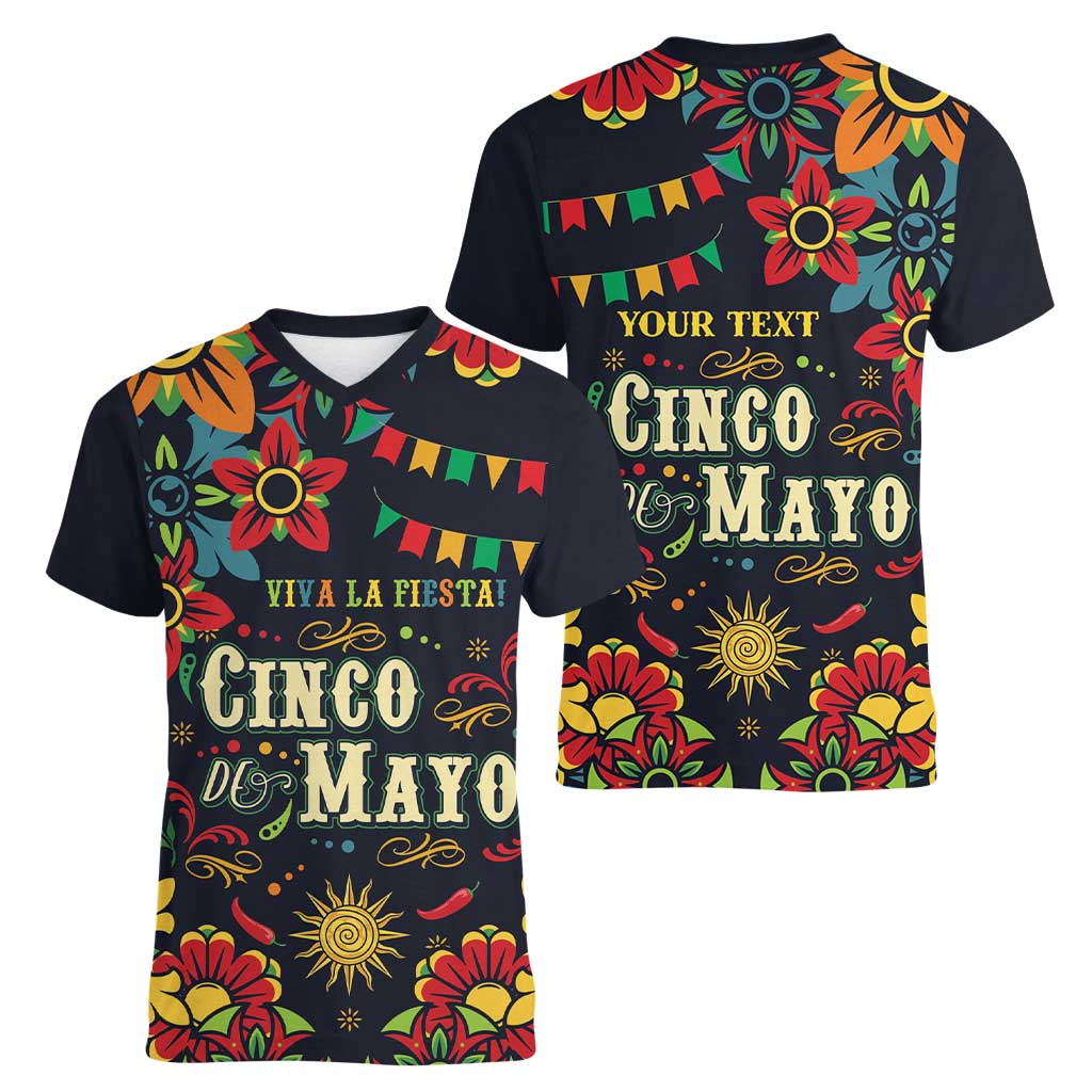 Personalized Cinco de Mayo Women V-Neck T-Shirt Vibrant Flowers