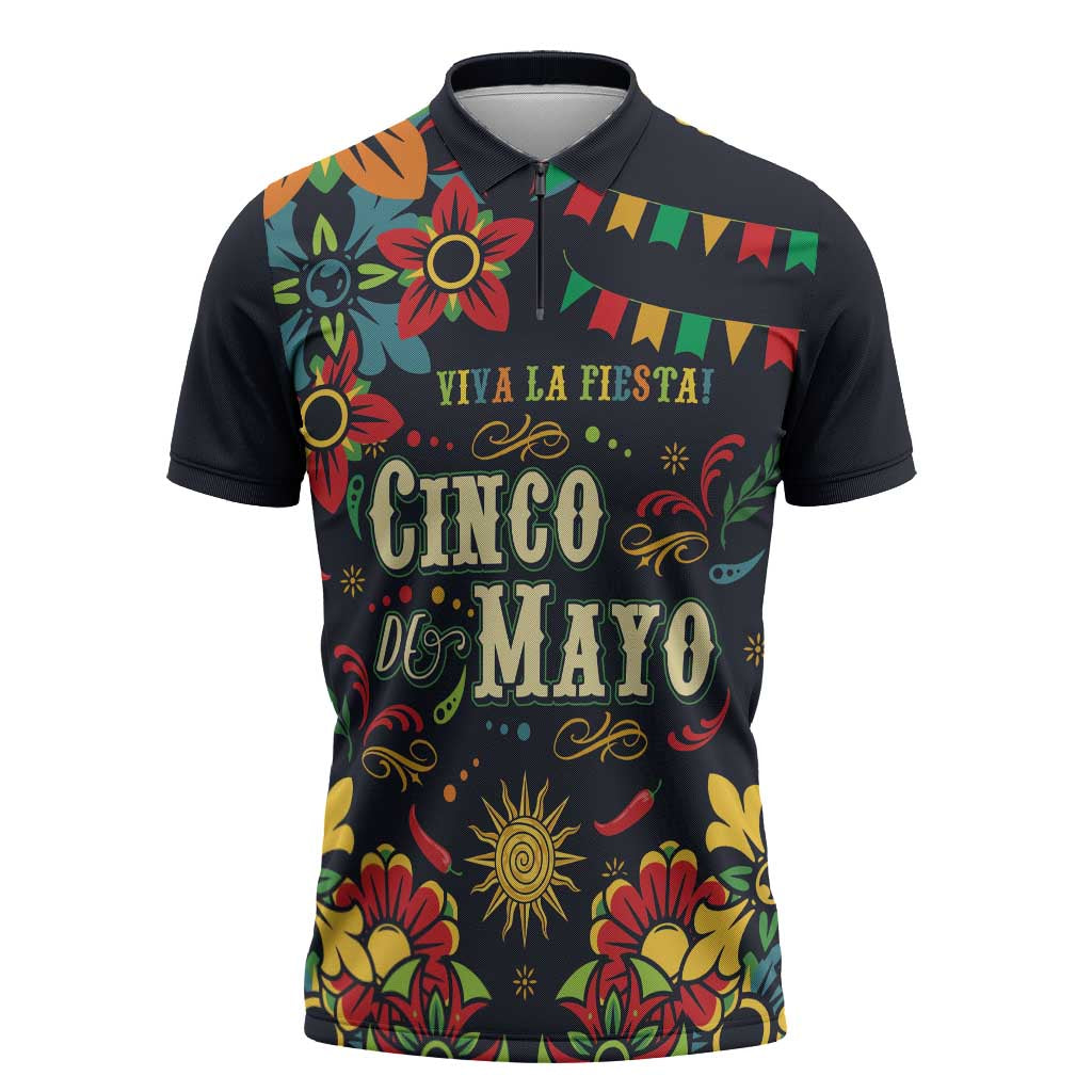 Personalized Cinco de Mayo Zipper Polo Shirt Vibrant Flowers
