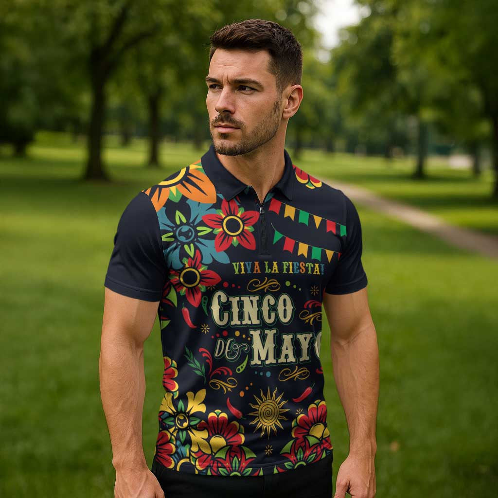 Personalized Cinco de Mayo Zipper Polo Shirt Vibrant Flowers