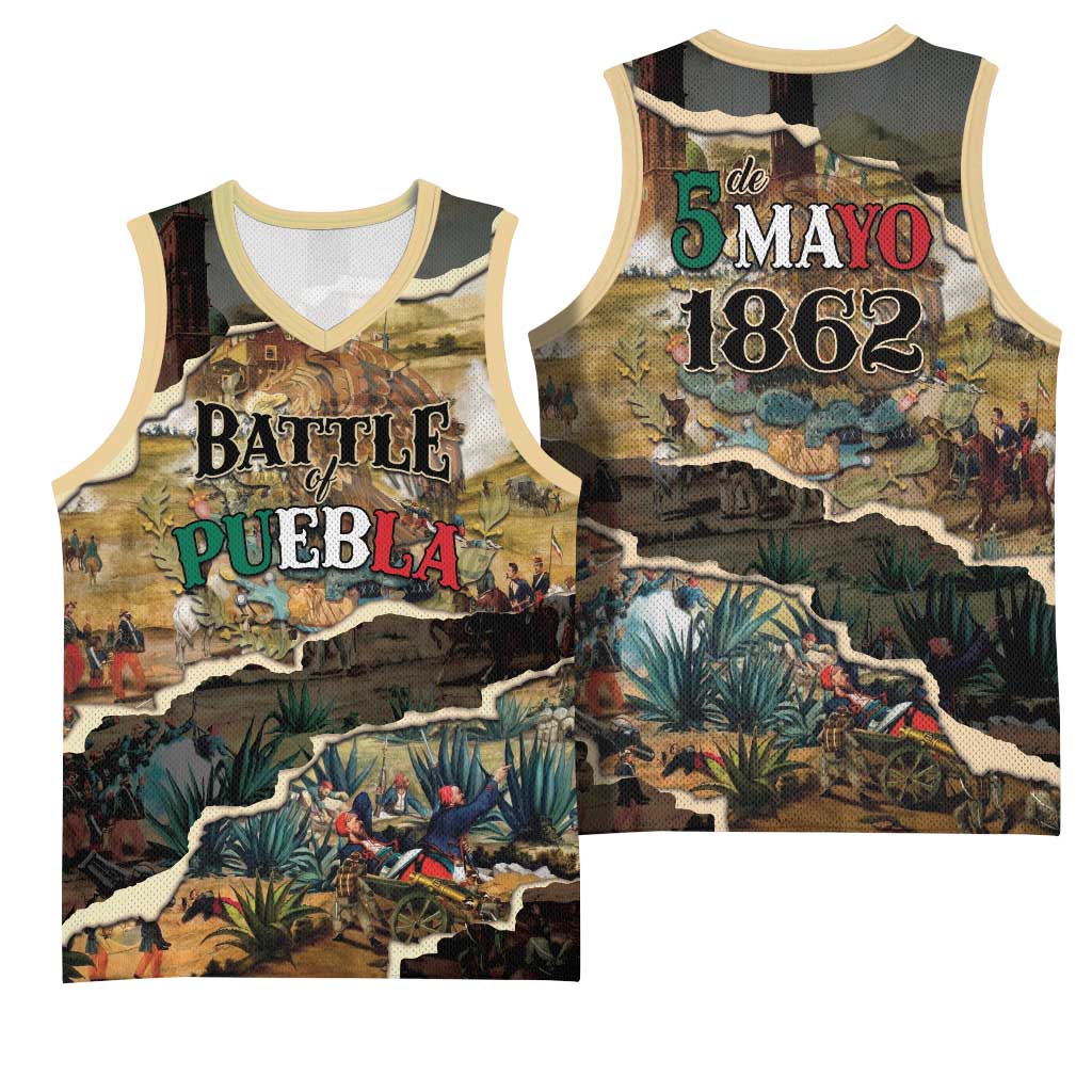 Mexican Battle of Puebla Basketball Jersey Vintage Art Style