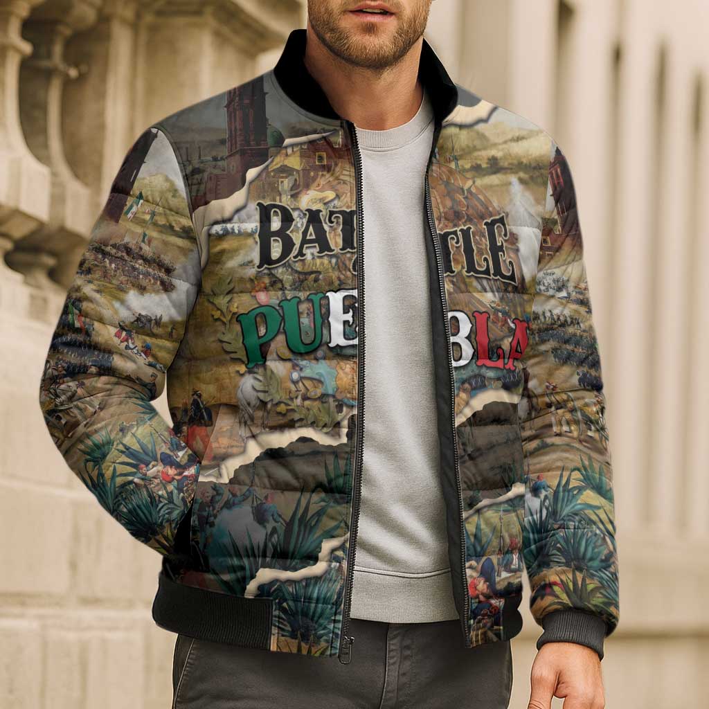 Mexican Battle of Puebla Bomber Puffer Jacket Vintage Art Style