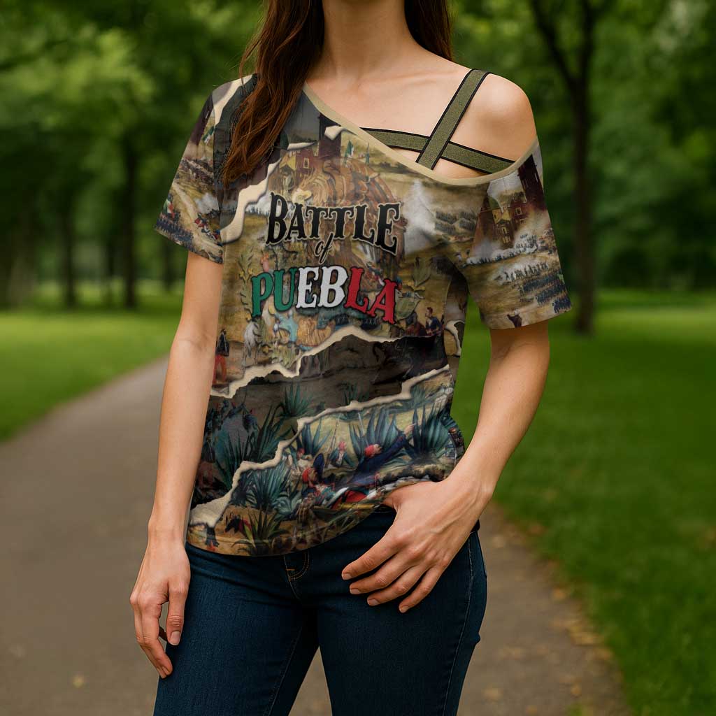 Mexican Battle of Puebla Cross Shoulder Shirt Vintage Art Style