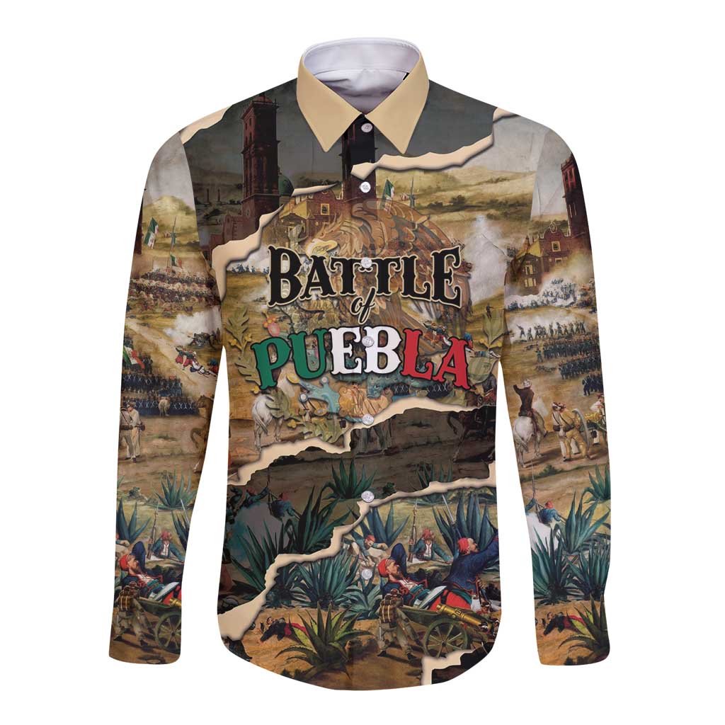 Mexican Battle of Puebla Long Sleeve Button Shirt Vintage Art Style