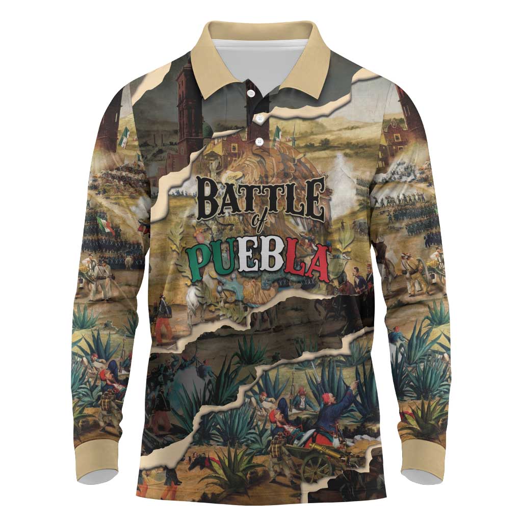 Mexican Battle of Puebla Long Sleeve Polo Shirt Vintage Art Style