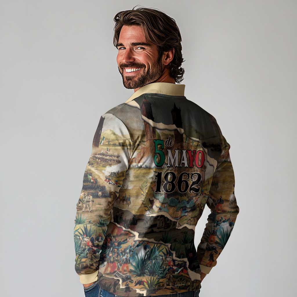 Mexican Battle of Puebla Long Sleeve Polo Shirt Vintage Art Style
