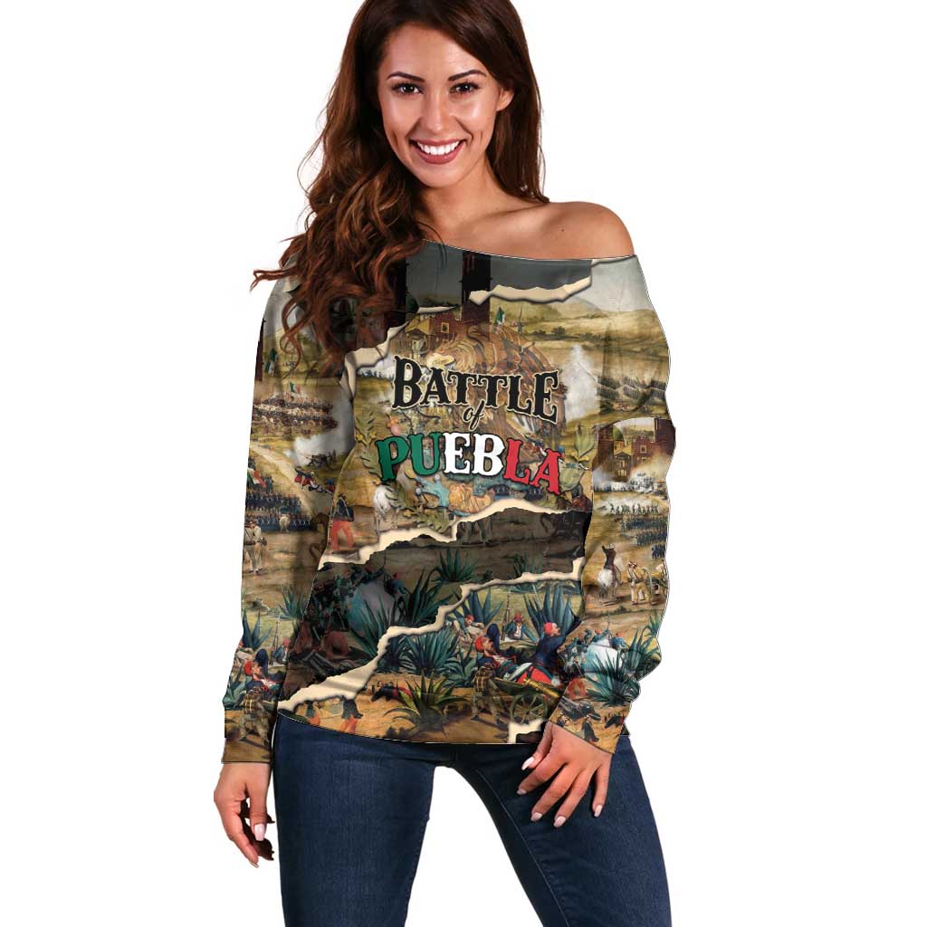 Mexican Battle of Puebla Off Shoulder Sweater Vintage Art Style
