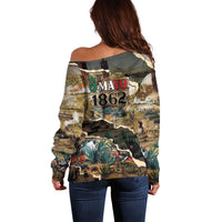 Mexican Battle of Puebla Off Shoulder Sweater Vintage Art Style