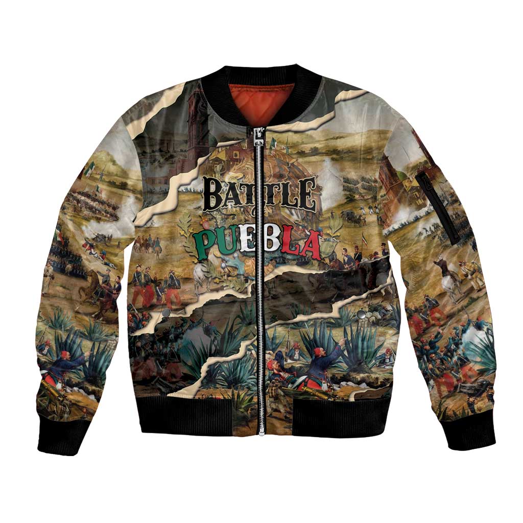 Mexican Battle of Puebla Sleeve Zip Bomber Jacket Vintage Art Style