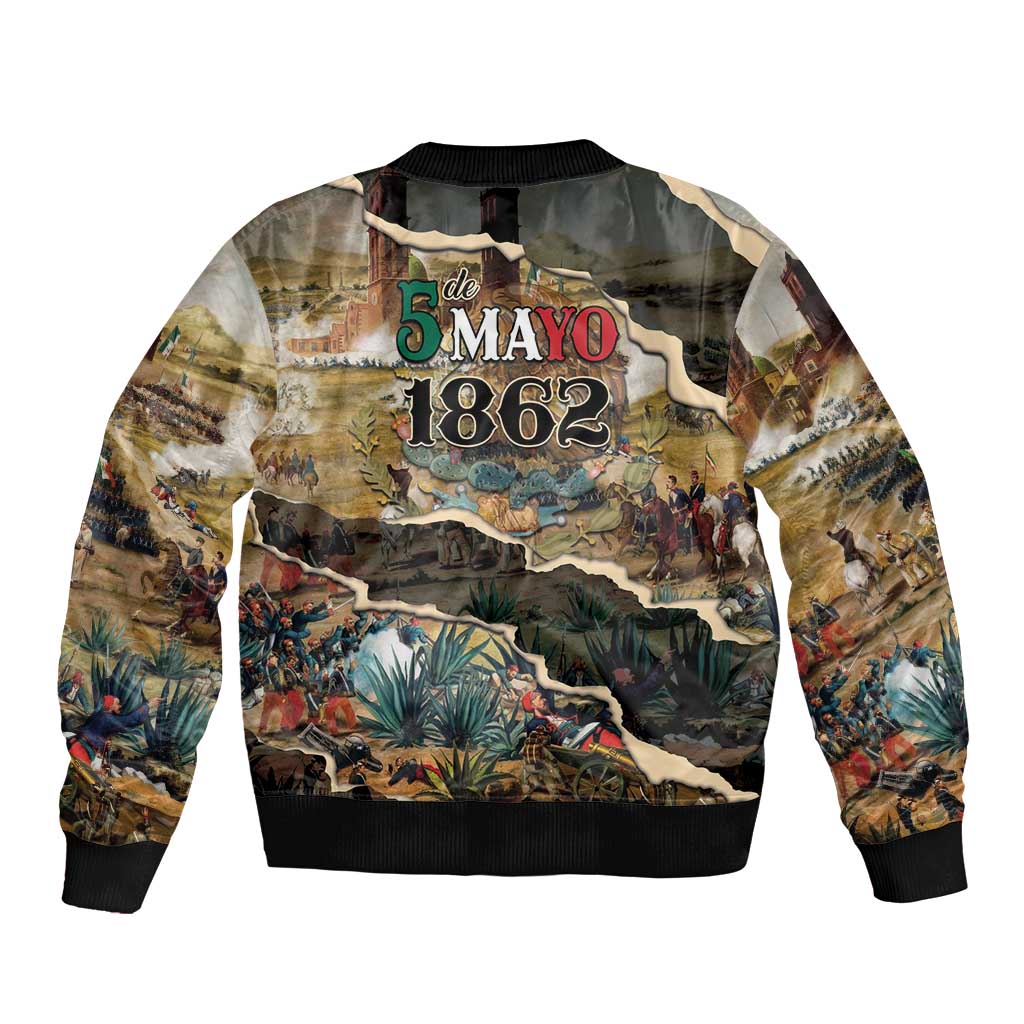 Mexican Battle of Puebla Sleeve Zip Bomber Jacket Vintage Art Style