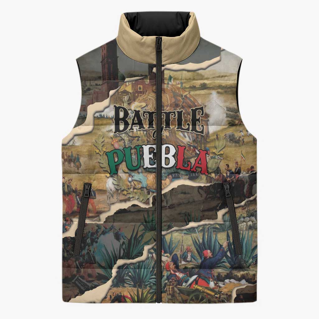 Mexican Battle of Puebla Sleeveless Puffer Jacket Vintage Art Style
