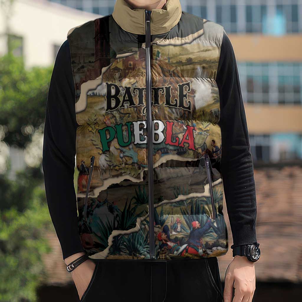 Mexican Battle of Puebla Sleeveless Puffer Jacket Vintage Art Style