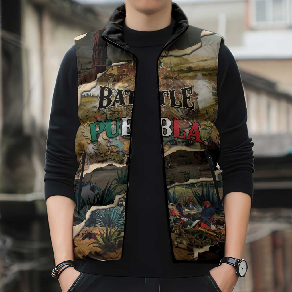 Mexican Battle of Puebla Sleeveless Puffer Jacket Vintage Art Style