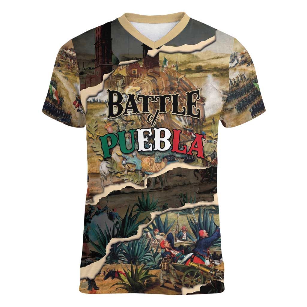 Mexican Battle of Puebla Women V-Neck T-Shirt Vintage Art Style