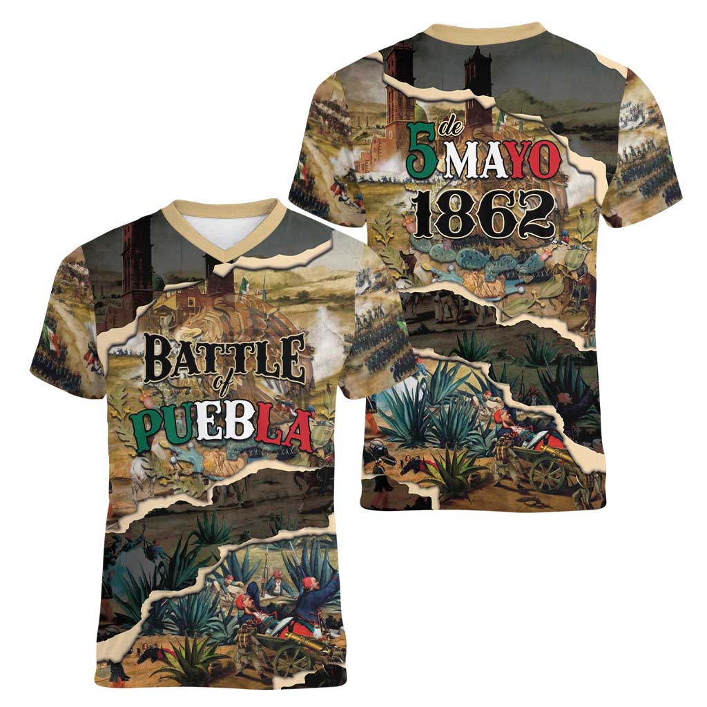 Mexican Battle of Puebla Women V-Neck T-Shirt Vintage Art Style