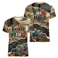 Mexican Battle of Puebla Women V-Neck T-Shirt Vintage Art Style
