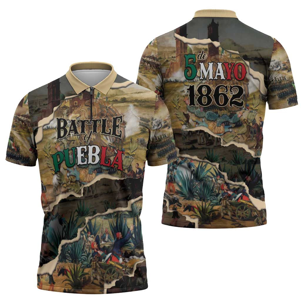 Mexican Battle of Puebla Zipper Polo Shirt Vintage Art Style