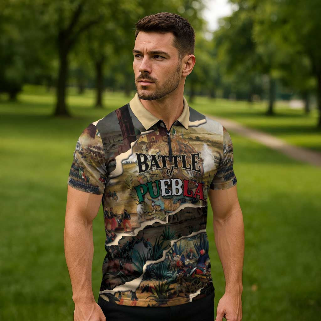 Mexican Battle of Puebla Zipper Polo Shirt Vintage Art Style