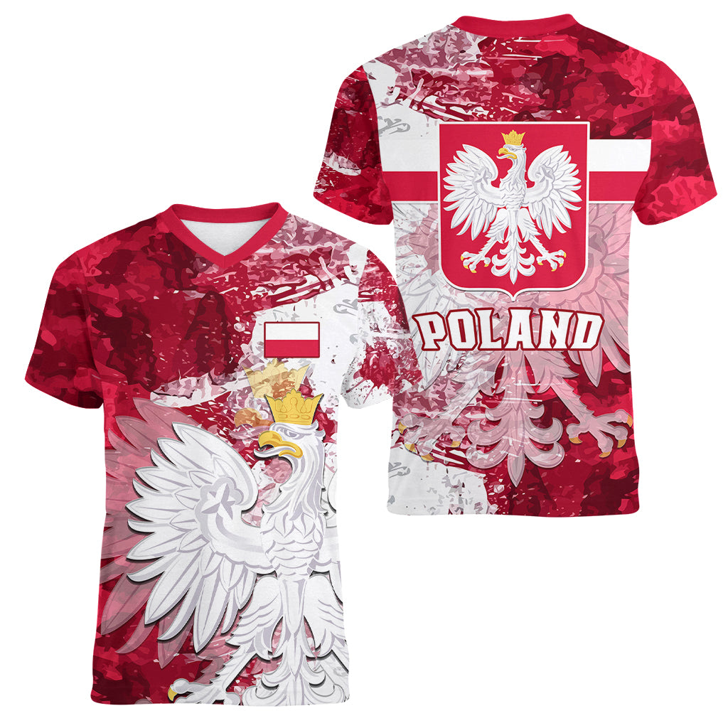 Poland Women V Neck T Shirt Polska Coat Of Arms Flag Style - Wonder Print Shop