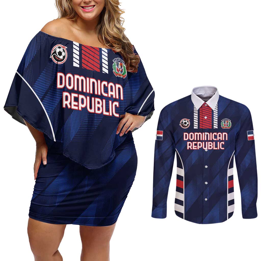 Custom Football Dominican Republic Couples Matching Off Shoulder Short Dress and Long Sleeve Button Shirt Go Los Quisqueyanos - Wonder Print Shop