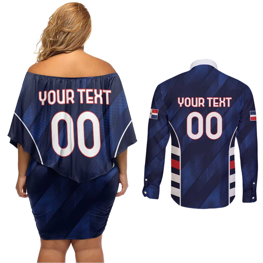 Custom Football Dominican Republic Couples Matching Off Shoulder Short Dress and Long Sleeve Button Shirt Go Los Quisqueyanos - Wonder Print Shop