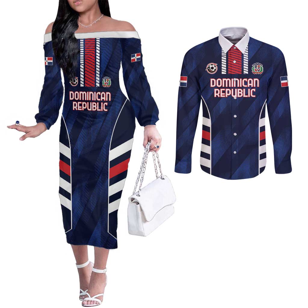 Custom Football Dominican Republic Couples Matching Off The Shoulder Long Sleeve Dress and Long Sleeve Button Shirt Go Los Quisqueyanos - Wonder Print Shop