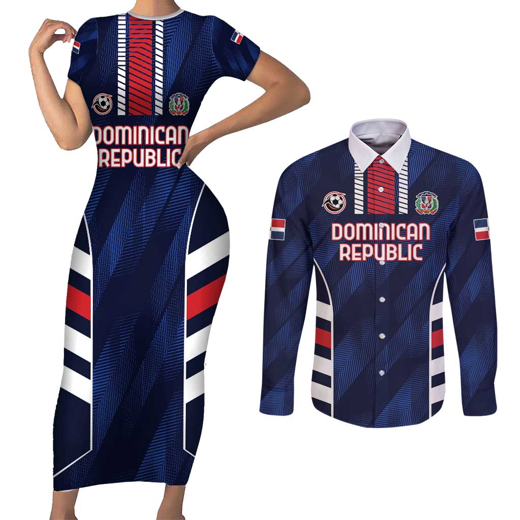 Custom Football Dominican Republic Couples Matching Short Sleeve Bodycon Dress and Long Sleeve Button Shirt Go Los Quisqueyanos - Wonder Print Shop