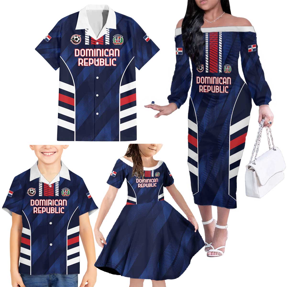 Custom Football Dominican Republic Family Matching Off The Shoulder Long Sleeve Dress and Hawaiian Shirt Go Los Quisqueyanos - Wonder Print Shop