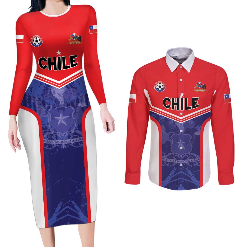 Custom Football Chile Couples Matching Long Sleeve Bodycon Dress and Long Sleeve Button Shirt Vamos La Roja - Wonder Print Shop