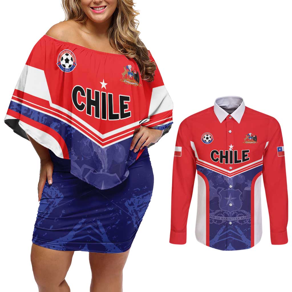 Custom Football Chile Couples Matching Off Shoulder Short Dress and Long Sleeve Button Shirt Vamos La Roja - Wonder Print Shop