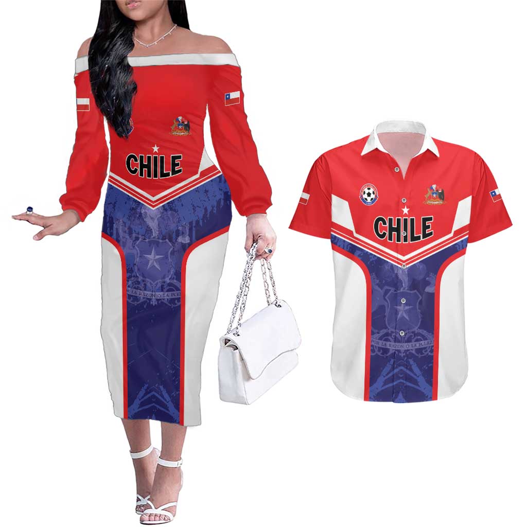 Custom Football Chile Couples Matching Off The Shoulder Long Sleeve Dress and Hawaiian Shirt Vamos La Roja - Wonder Print Shop