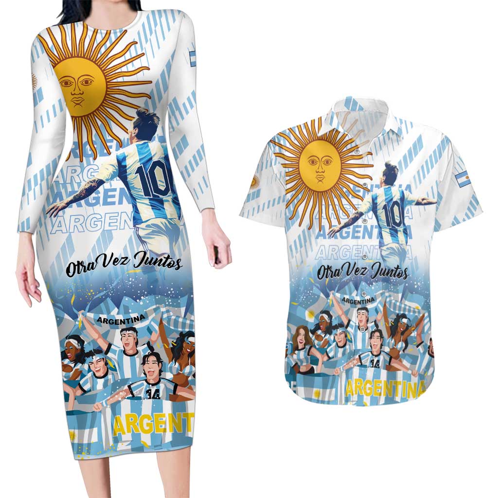 Argentina 2024 Football Champions Couples Matching Long Sleeve Bodycon Dress and Hawaiian Shirt Vamos La Seleccion Otra Vez Juntos - Wonder Print Shop