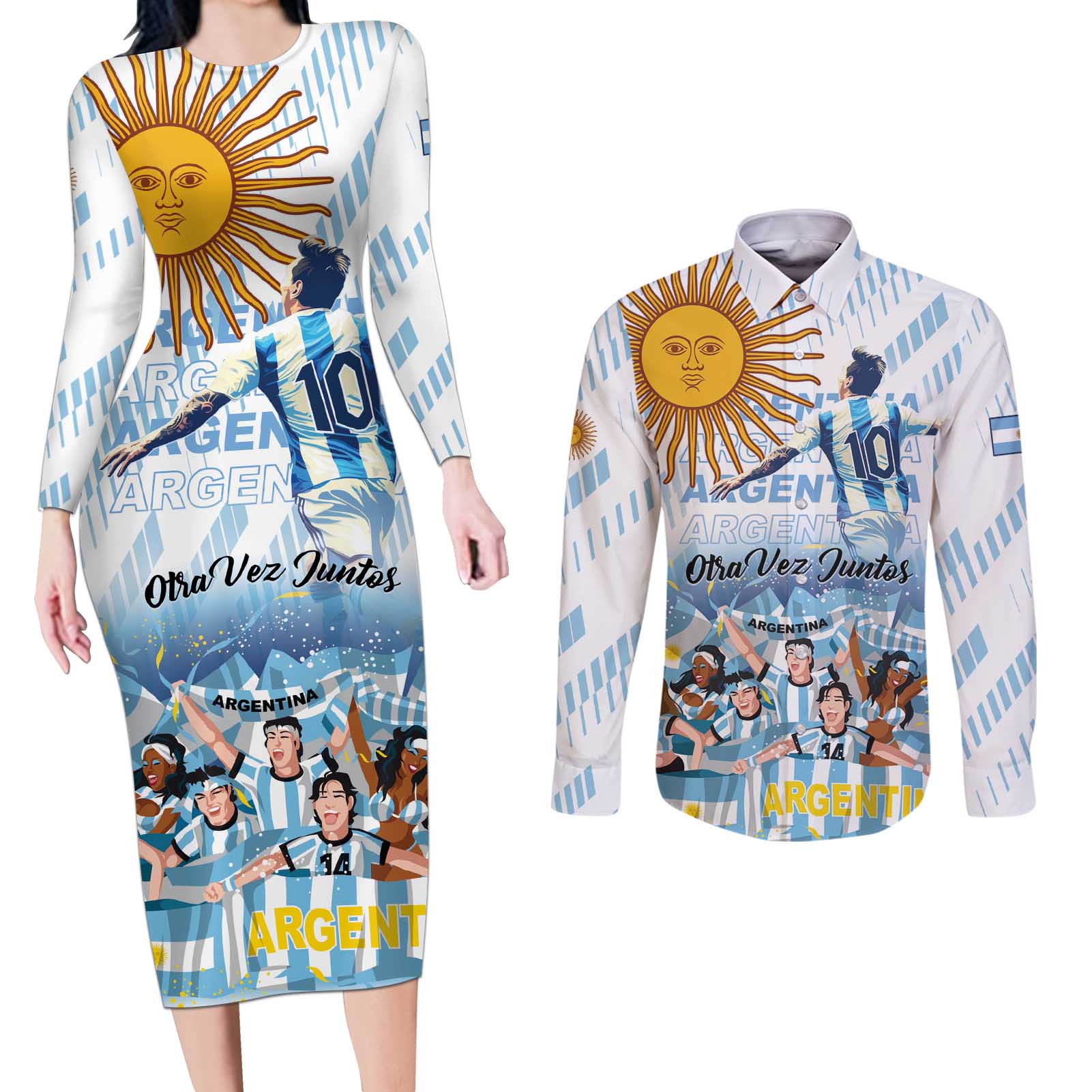 Argentina 2024 Football Champions Couples Matching Long Sleeve Bodycon Dress and Long Sleeve Button Shirt Vamos La Seleccion Otra Vez Juntos - Wonder Print Shop