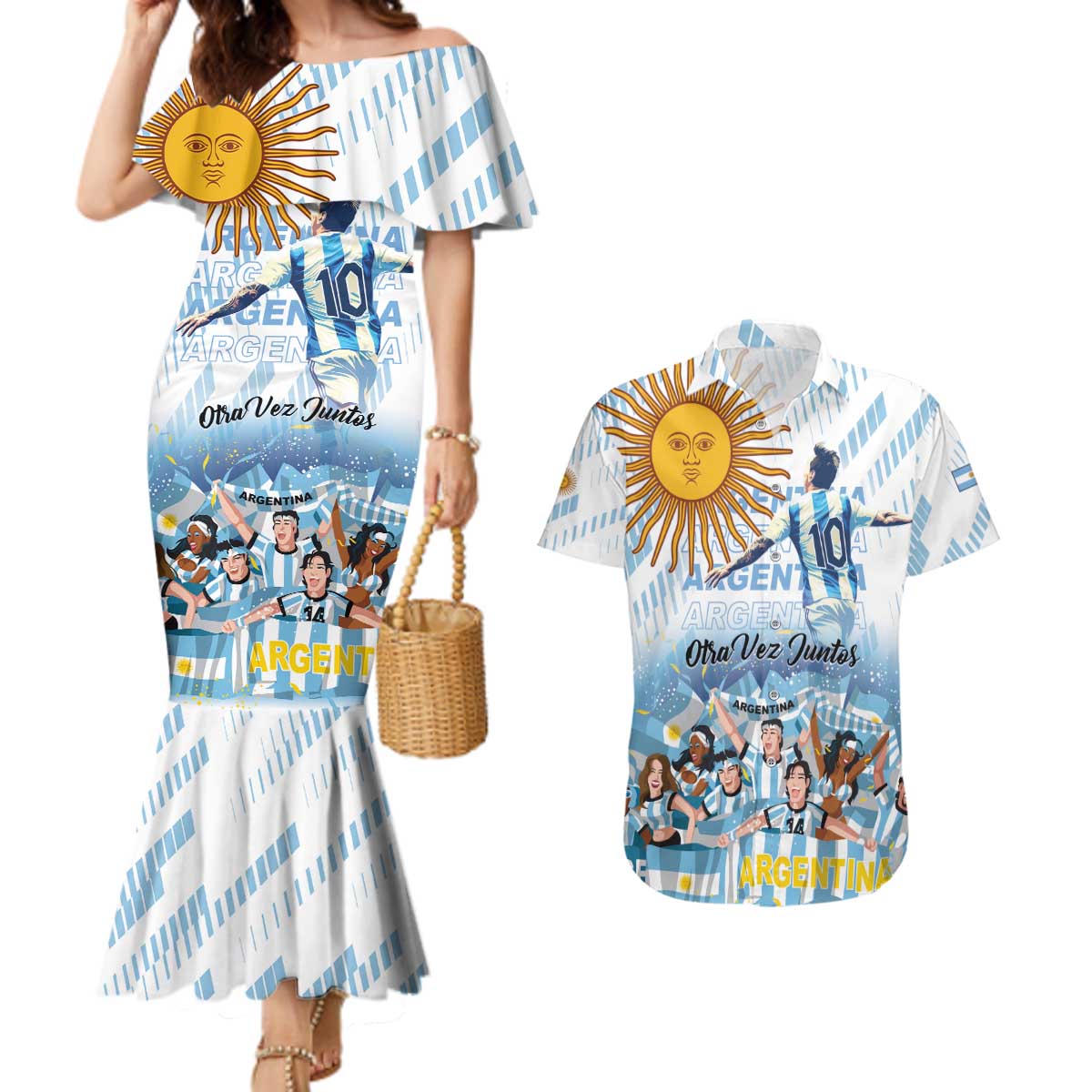 Argentina 2024 Football Champions Couples Matching Mermaid Dress and Hawaiian Shirt Vamos La Seleccion Otra Vez Juntos - Wonder Print Shop
