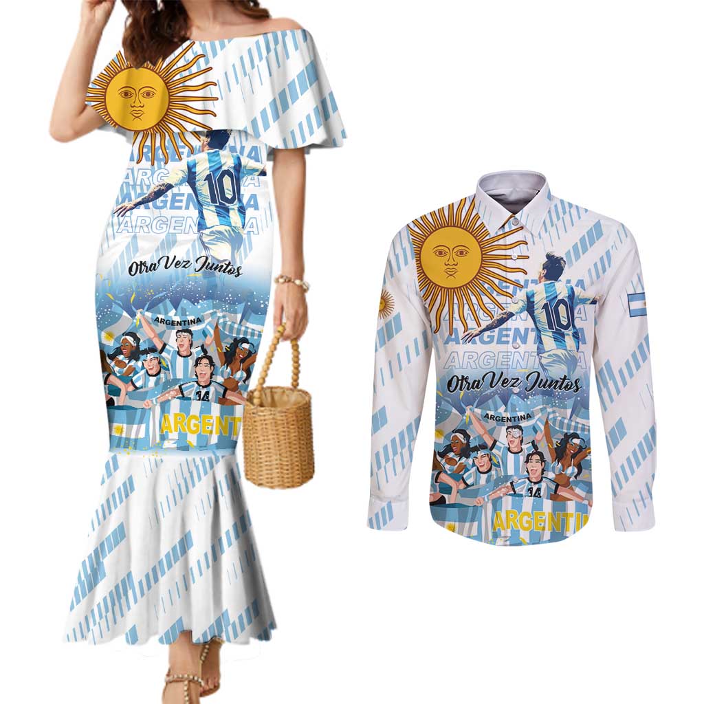 Argentina 2024 Football Champions Couples Matching Mermaid Dress and Long Sleeve Button Shirt Vamos La Seleccion Otra Vez Juntos