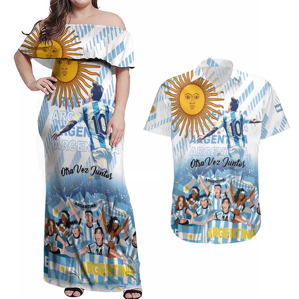 Argentina 2024 Football Champions Couples Matching Off Shoulder Maxi Dress and Hawaiian Shirt Vamos La Seleccion Otra Vez Juntos - Wonder Print Shop