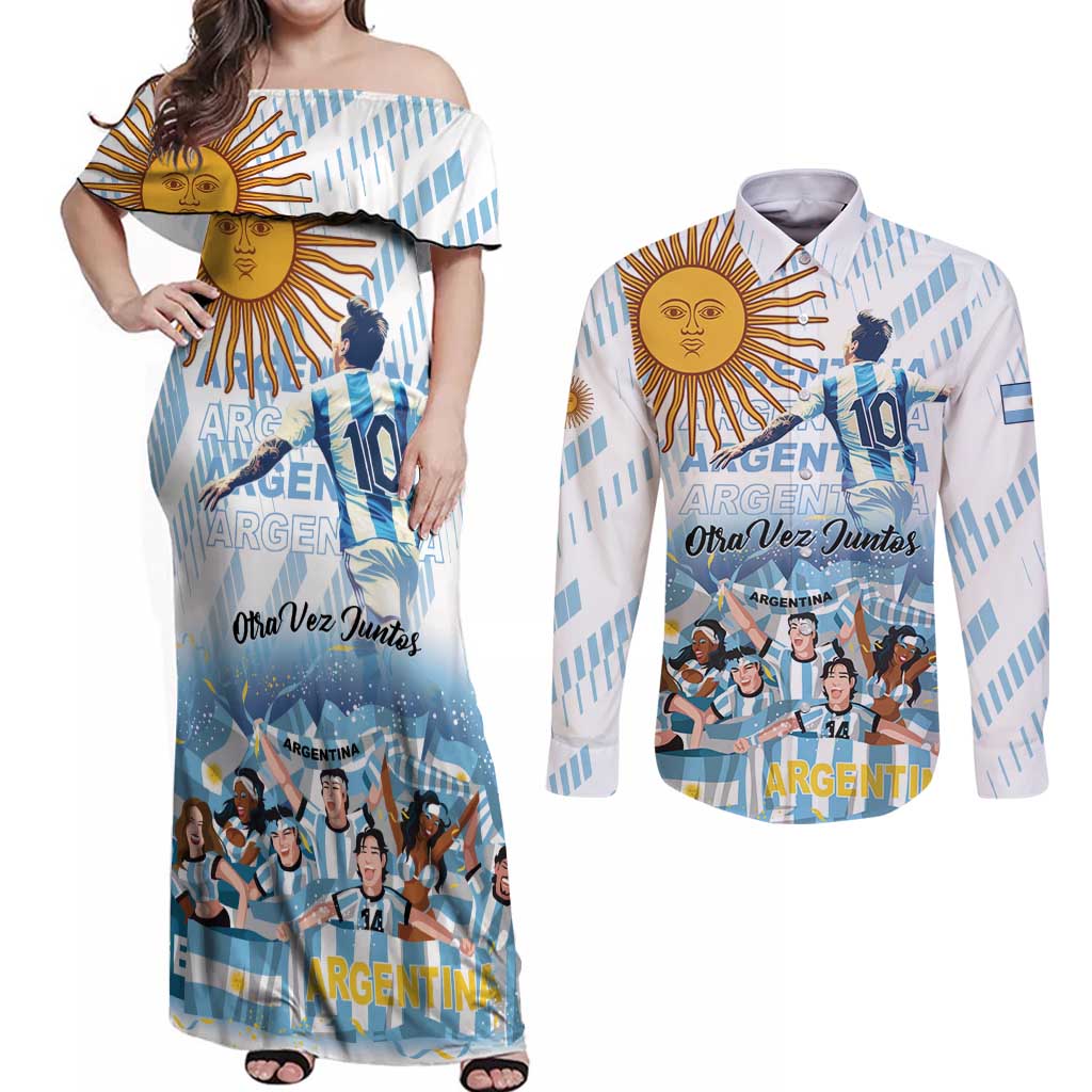 Argentina 2024 Football Champions Couples Matching Off Shoulder Maxi Dress and Long Sleeve Button Shirt Vamos La Seleccion Otra Vez Juntos - Wonder Print Shop