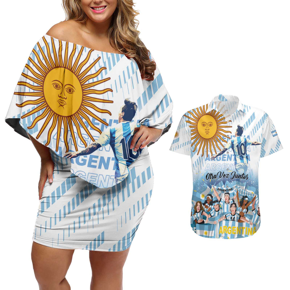 Argentina 2024 Football Champions Couples Matching Off Shoulder Short Dress and Hawaiian Shirt Vamos La Seleccion Otra Vez Juntos - Wonder Print Shop