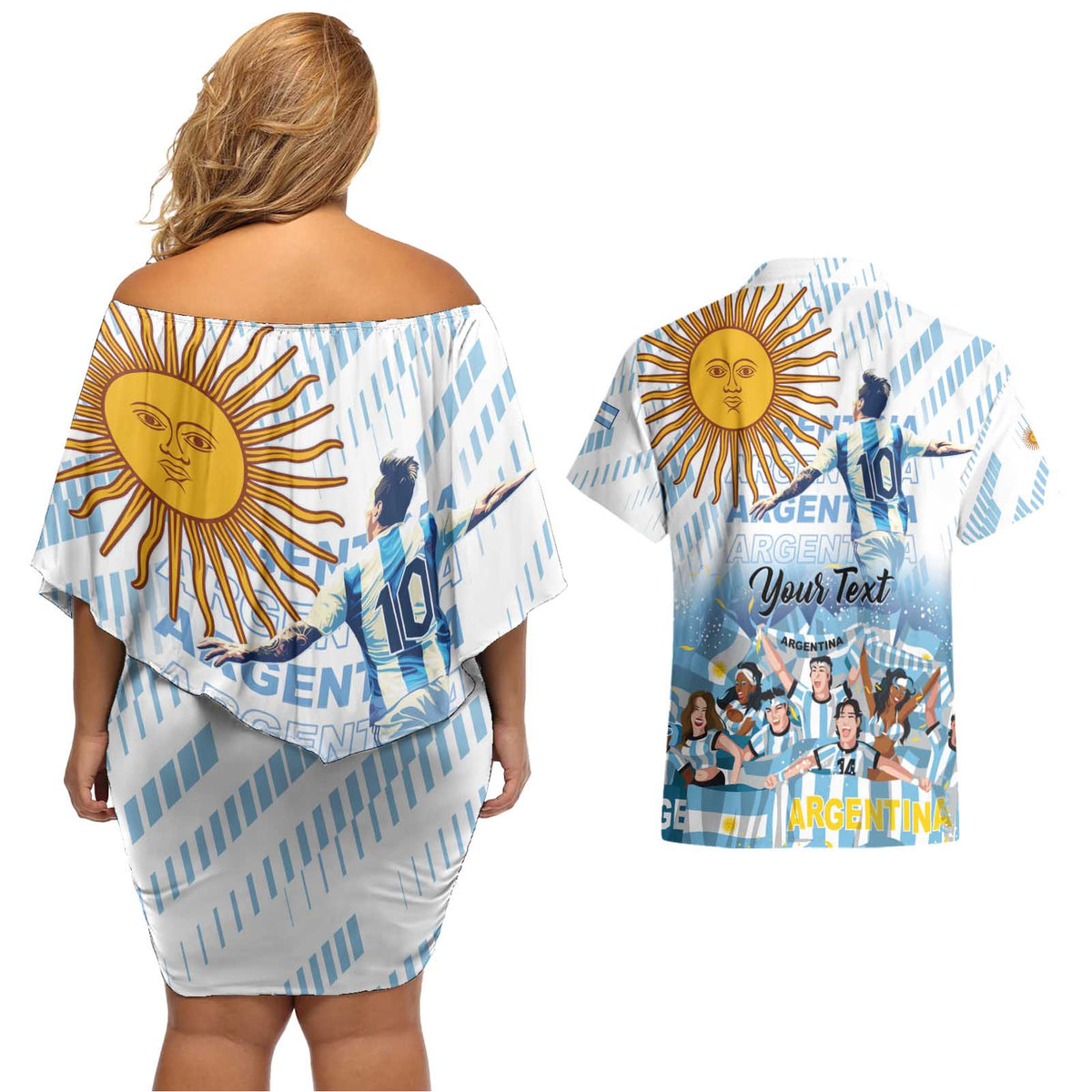 Argentina 2024 Football Champions Couples Matching Off Shoulder Short Dress and Hawaiian Shirt Vamos La Seleccion Otra Vez Juntos - Wonder Print Shop