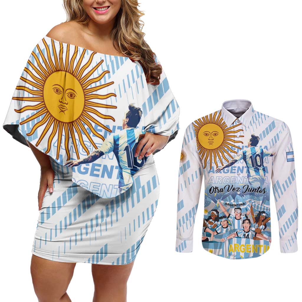 Argentina 2024 Football Champions Couples Matching Off Shoulder Short Dress and Long Sleeve Button Shirt Vamos La Seleccion Otra Vez Juntos - Wonder Print Shop