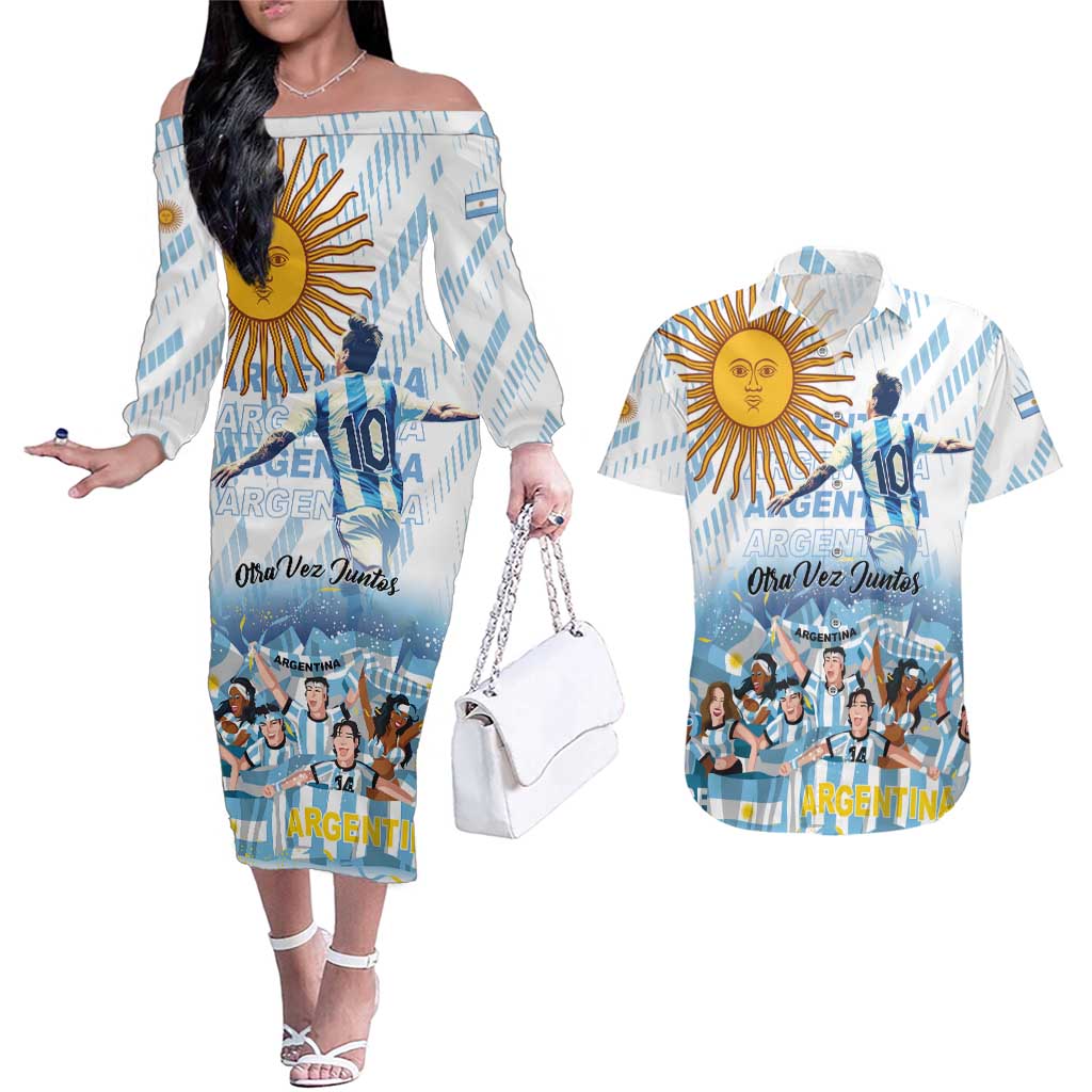 Argentina 2024 Football Champions Couples Matching Off The Shoulder Long Sleeve Dress and Hawaiian Shirt Vamos La Seleccion Otra Vez Juntos - Wonder Print Shop