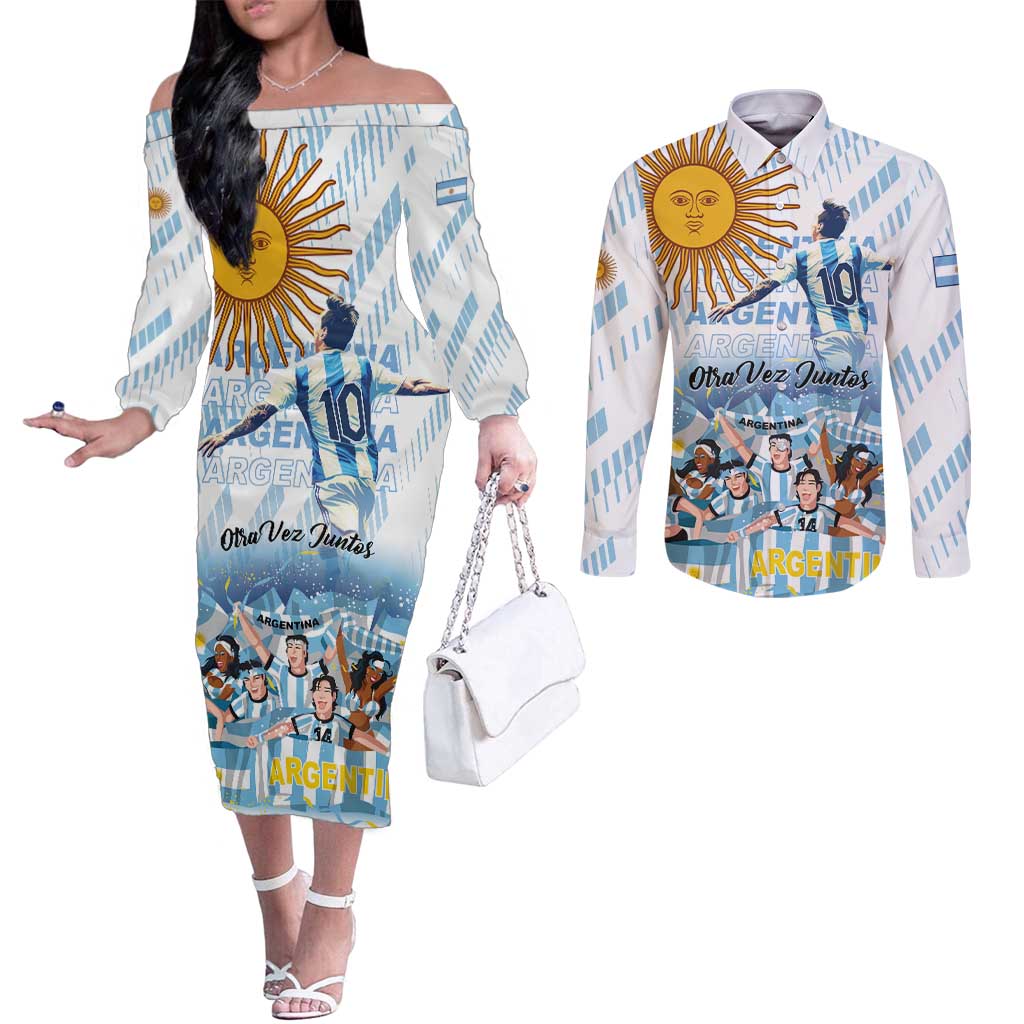 Argentina 2024 Football Champions Couples Matching Off The Shoulder Long Sleeve Dress and Long Sleeve Button Shirt Vamos La Seleccion Otra Vez Juntos