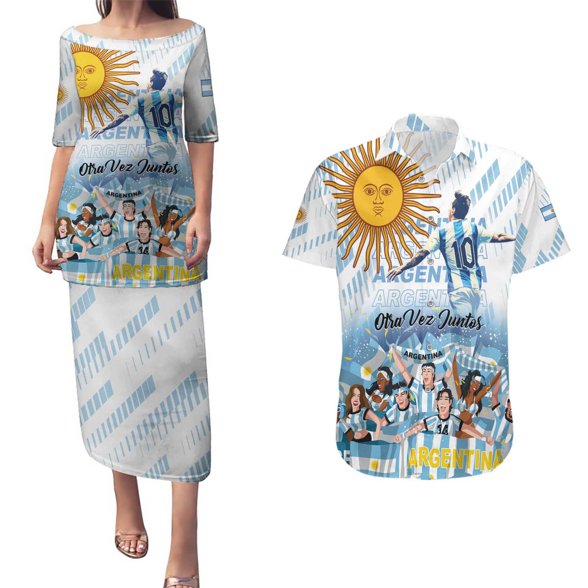 Argentina 2024 Football Champions Couples Matching Puletasi and Hawaiian Shirt Vamos La Seleccion Otra Vez Juntos - Wonder Print Shop