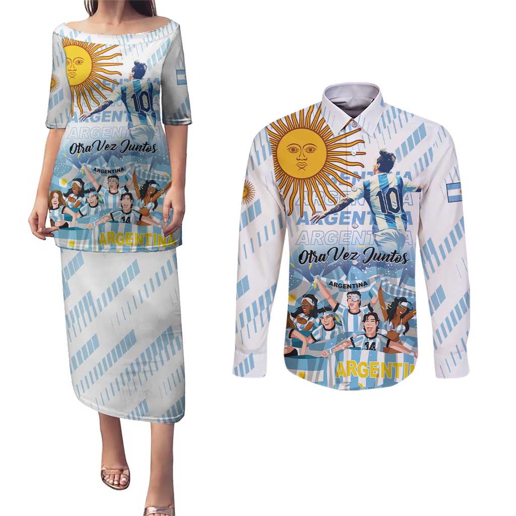 Argentina 2024 Football Champions Couples Matching Puletasi and Long Sleeve Button Shirt Vamos La Seleccion Otra Vez Juntos - Wonder Print Shop