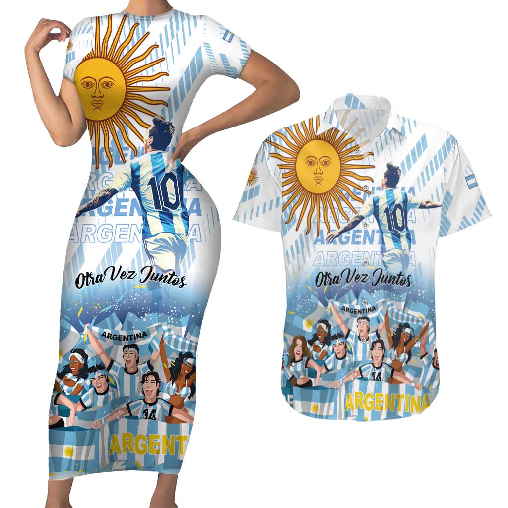 Argentina 2024 Football Champions Couples Matching Short Sleeve Bodycon Dress and Hawaiian Shirt Vamos La Seleccion Otra Vez Juntos - Wonder Print Shop