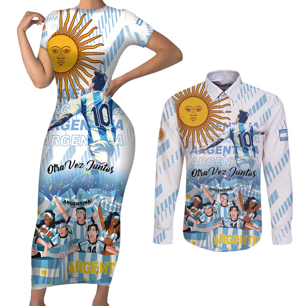 Argentina 2024 Football Champions Couples Matching Short Sleeve Bodycon Dress and Long Sleeve Button Shirt Vamos La Seleccion Otra Vez Juntos - Wonder Print Shop